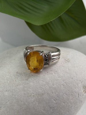 925 Sterling Silver Citrine & Marcasite Ring Size 8