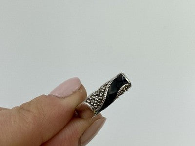 925 Sterling Silver Nephrite ( Jade ) & Black Quartz Ring Size 6.5