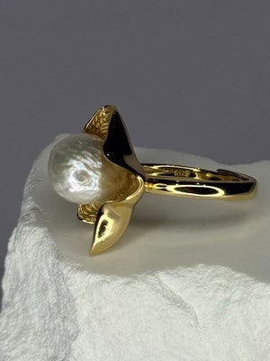 925 Sterling Silver  Gold Plated Pearl  "Ocean Mood" Ring Size Adjustable