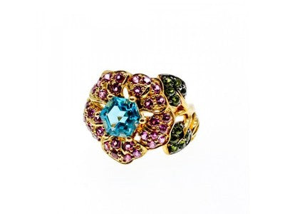 925 Sterling Silver Gold Plated Topaz, Peridot & Spinel "Flower" Ring Size 7.5