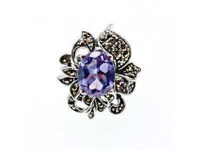 925 Sterling Silver Amethyst & Marcasites Ring Size 7