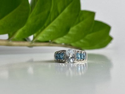 925 Sterling Silver Aquamarines Ring Size 8