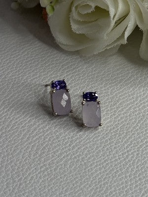 925 Sterling Silver Morganite & Amethyst Earrings Length 0.45 Inch