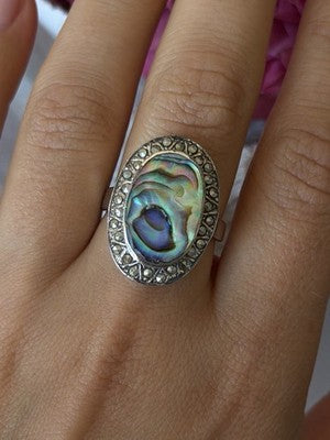 Vintage 925 Sterling Silver Abalone & Marcasite Ring Size 9
