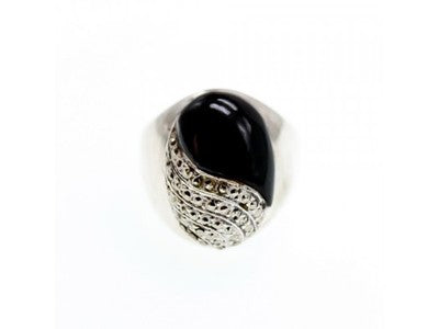 Vintage 925 Sterling Silver Black Jade & Marcasites Ring Size 8.5
