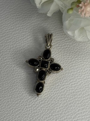 925 Sterling Silver Onyx Turquoise Agate Cross Length 1.60 Inch