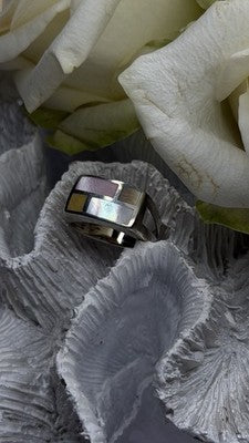 Vintage Modernist 925 Sterling Silver Ring Abalone Stone Mosaic Size 6.5