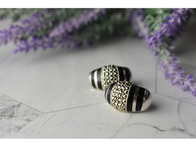 925 Sterling Silver Black Nephrite & Marcasites Earrings