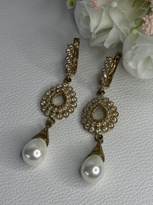 GOLD PLATED PEARL & CZ EARRINGS LENGTH 2.60 INCH