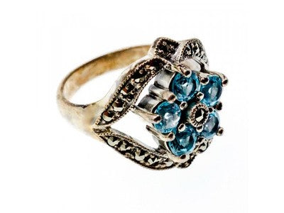 925 Sterling Silver Blue Topaz & Marcasites Ring Size 8