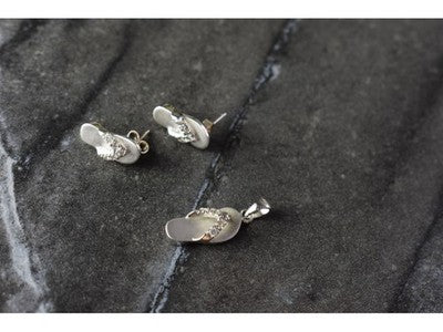 925 Sterling Silver CZ "Flip-Flops" Stud Earrings & Pendant Summer Set
