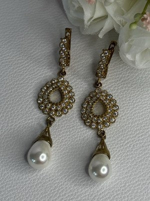 GOLD PLATED PEARL & CZ EARRINGS LENGTH 2.60 INCH