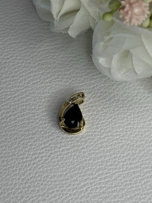 10K Yellow Gold Black Sapphire & Diamonds Pendant Length 0.60 Inch