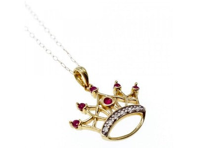 10K Yellow Gold Rubies & Diamonds Crown Chain With Pendant