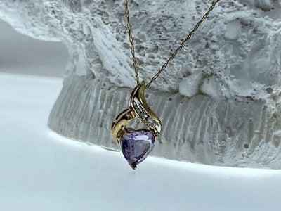 10 K Yellow Gold Amethyst & Diamond "Heart" Chain With Pendant