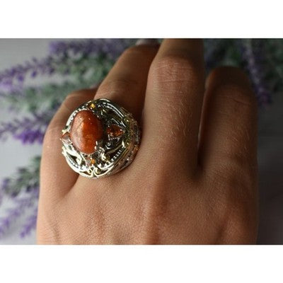 925 Sterling Silver Gold Plated Amber & Spessartine Ring Size 6.5