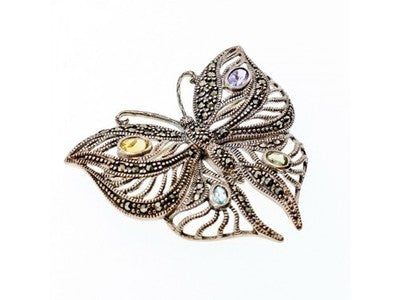 925 Sterling Silver Citrine, Topaz, Amethyst, Peridot & Marcasites Brooch