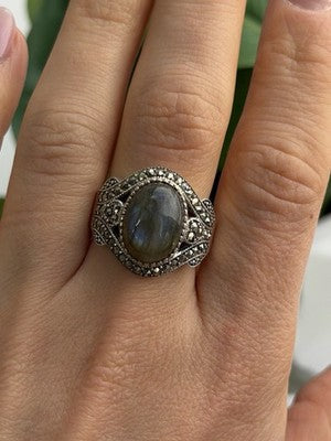 925 Sterling Silver Labradorite & Marcasite Ring Size 10