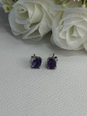 925 Sterling Silver Amethyst Earrings Length 0.27 Inch