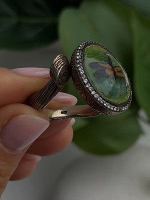 Vintage Nature Art 925 Sterling Silver Dragonfly Resin Ring Size 6.5