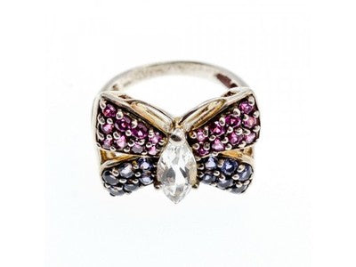 925 Sterling Silver White Topaz, Spinel & Tourmaline "Butterfly" Ring Size 8.5