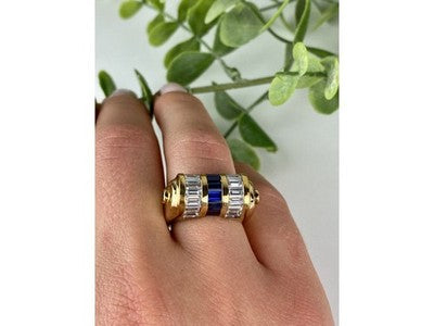 925 Sterling Silver Gold Plated Sapphires & CZ Ring Size 7