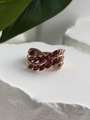 925 Sterling Silver Rose Gold Plated Garnet & Beryl Ring Size 7