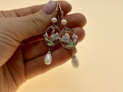 925 Sterling Silver Pearls & Enamel Earrings
