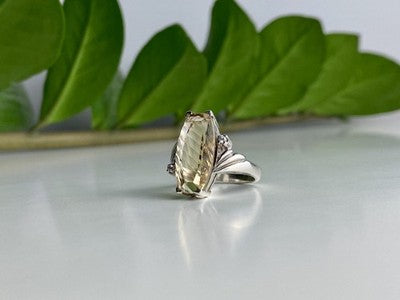 925 Sterling Silver Golden Tourmaline & Quartz Ring Size 6.5