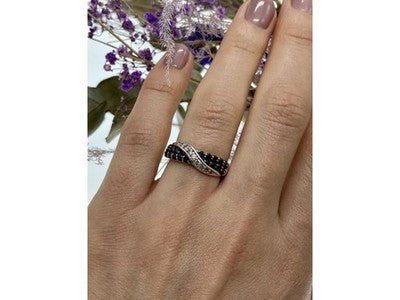 925 Sterling Silver Black & White Tourmaline "Yin Yang" Ring Size 6.5