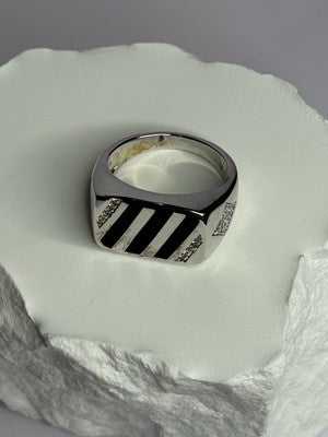 925 Sterling Silver Black Enamel & CZ Men'S Ring Size 11