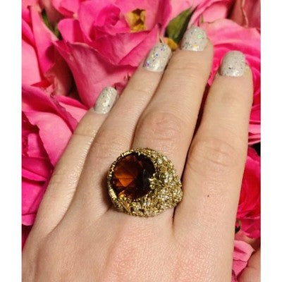 925 Sterling Silver Gold Plated Orange Alpanite & CZ Ring Size 10.25