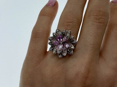 925 Sterling Silver Pink & White CZ "Flower" Ring Size 6.5