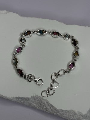 925 Sterling Silver Oyster Turquoise & Topaz Bracelet Length 6-8 Inch