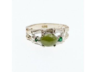 925 Sterling Silver Nephrite ( Jade ) & Emeralds Ring Size 8
