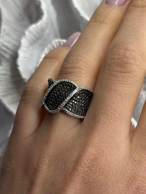 JWBR 925 Sterling Silver Black & White Diamonds Ring Size 7