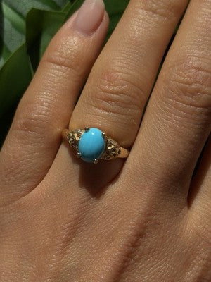 14K Yellow Gold Blue Oval Turquoise & Diamond Ring Size 6