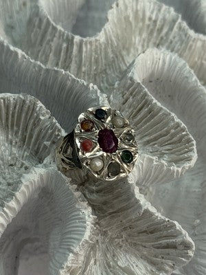 925 Sterling Silver Ruby & Multicolor Gemstones Ring Size 8