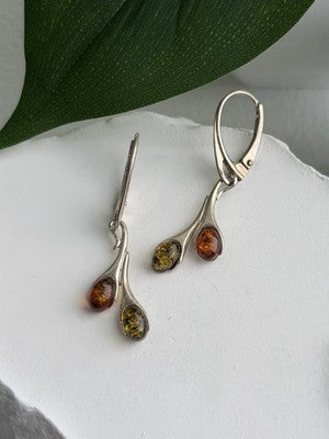 925 Sterling Silver Green & Orange Amber Earrings