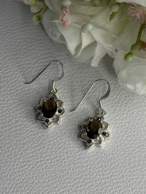 925 Sterling Silver Hessonite & Marcasite Earrings Length 1.10 Inch