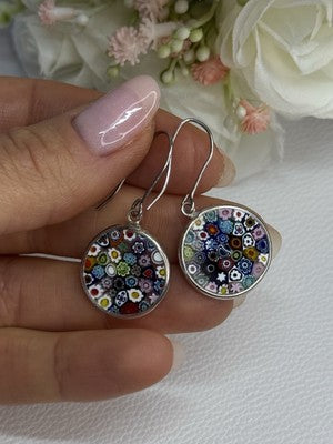 Murano Venice Millefiori 925 Sterling Silver Earrings Length 1.60 Inch
