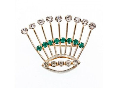 Vintage 925 Sterling Silver White & Green Jewelry Glass "Fan" Brooch