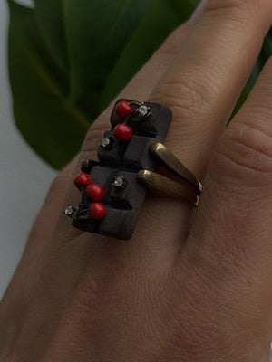 By Philippe Black Enamel & Red Bead Cherry 925 Sterling Silver Ring Size 8