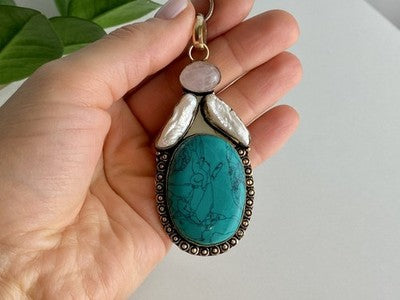925 Sterling Silver Turquoise, Rose Quartz and Baroque Pearl Chain with Pendant