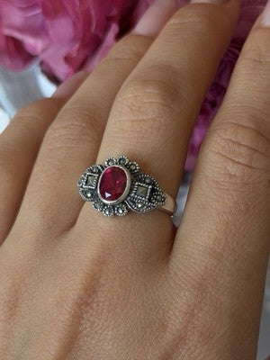 925 Sterling Silver Ruby & Marcasite Ring Size 8