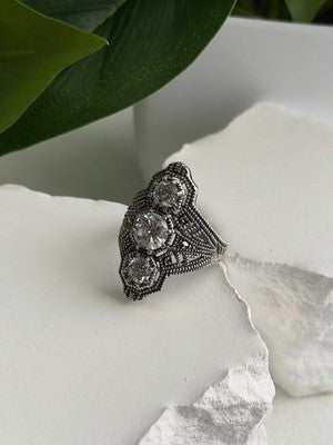 Vintage 925 Sterling Silver Cz & Marcasite Ring Size 6