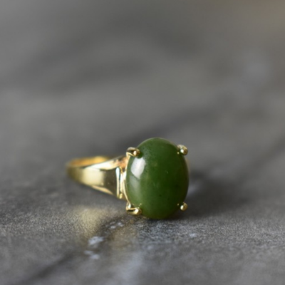 925 Sterling Silver Gold Plated Green Jade Ring Size 6.5