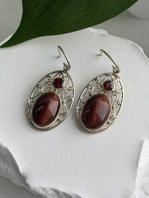 925 Sterling Silver Amber & Garnet Earrings