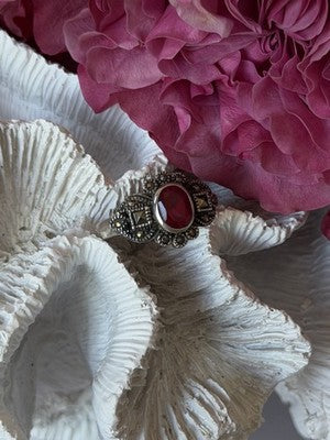 925 Sterling Silver Ruby & Marcasite Ring Size 8