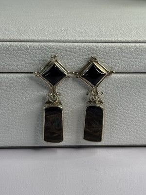925 Sterling Silver Abalone & Onyx Earrings Length 1.50 Inch